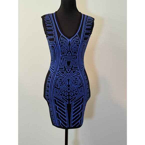 Fab'rik Jaquard Mini Dress in Blue and Black - Picture 1 of 3